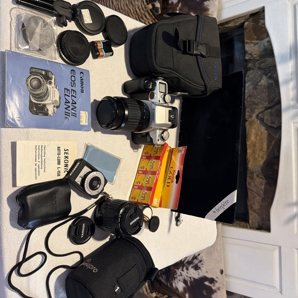 Canon EOS Elan II 35mm SLR Film Camera Bundle w/ Lenses,Bag, Manuals, For Parts
